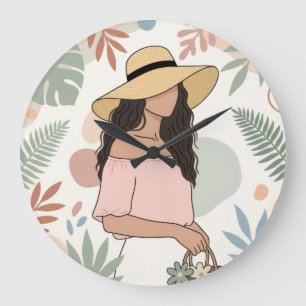 Woman in Straw Hat with Flowers Large Clock