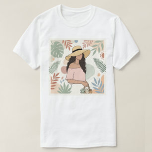 Woman in Straw Hat with Flowers T-Shirt