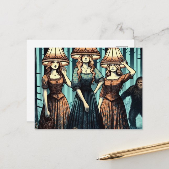 Woman in the Forest With Lampshade Hat and Bigfoot Postcard (Front/Back In Situ)