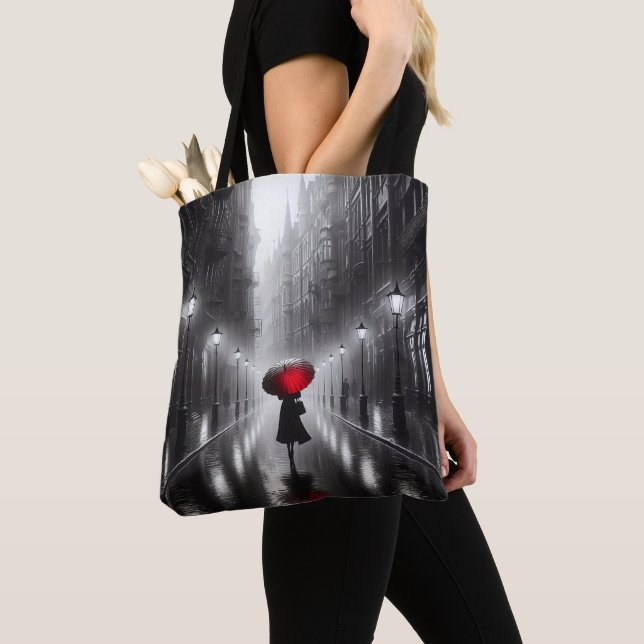 Woman In The Rain With Red Umbrella Tote Bag (Close Up)