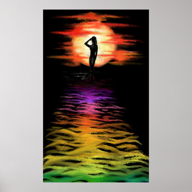 Woman in the Sea Sunset Poster - Painting Art (Front)