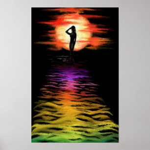 Woman in the Sea Sunset Poster - Painting Art