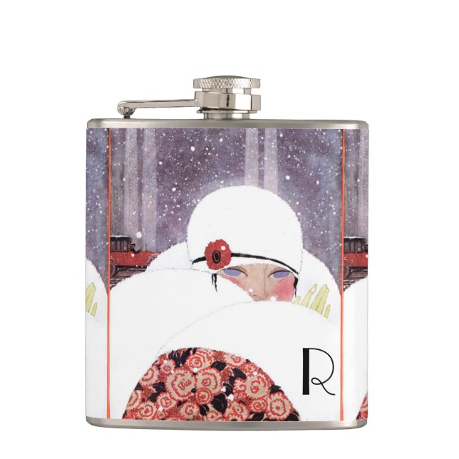 WOMAN IN THE SNOW,WINTER BEAUTY FASHION MONOGRAM HIP FLASK (Front)