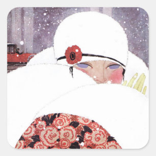 WOMAN IN THE SNOW,WINTER BEAUTY FASHION SQUARE STICKER