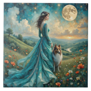 Woman in Turquoise Dress and Sable Rough Collie Ceramic Tile