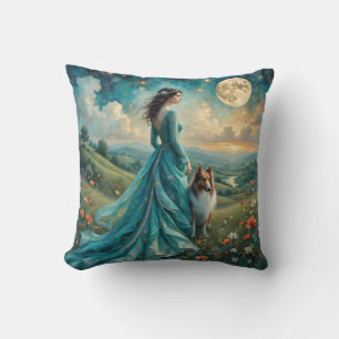 Woman in Turquoise Dress and Sable Rough Collie Cushion