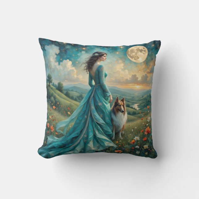 Woman in Turquoise Dress and Sable Rough Collie Cushion (Front)