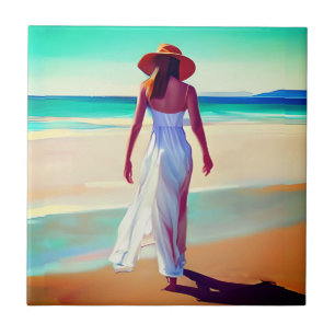 Woman in White on the Beach Ceramic Tile