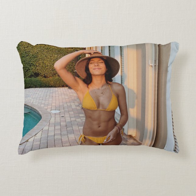 Woman in yellow bikini standing on brown brick flo decorative cushion (Front)