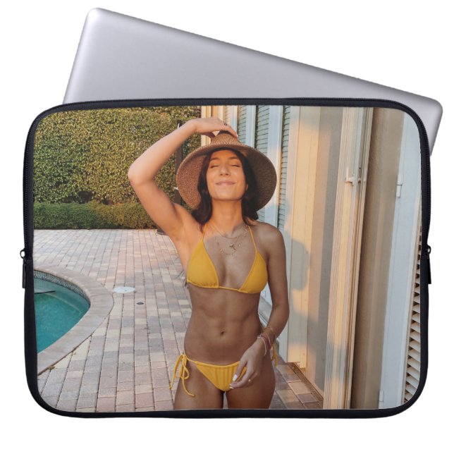 Woman in yellow bikini standing on brown brick flo laptop sleeve (Front)