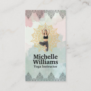 Woman in Yoga Pose Mandala and Paisley Pattern Business Card