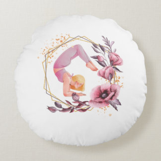 Woman in yoga pose pink flower spiritual round cushion