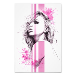 Woman ink portrait Pink Fashion illustration art Photo Print
