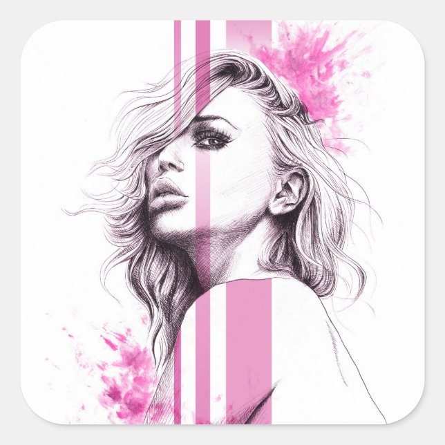 Woman ink portrait Pink Fashion illustration art Square Sticker (Front)