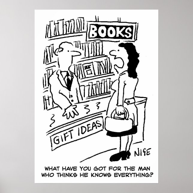 Woman inquires at a Bookshop. Bookstore funny Poster (Front)