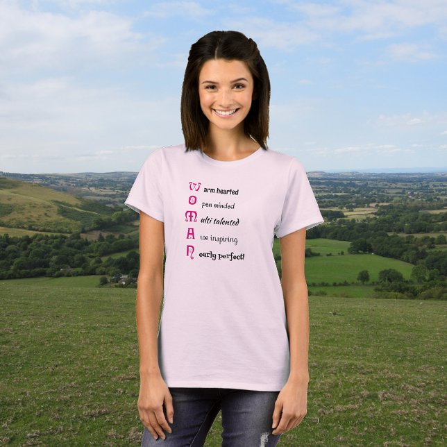 WOMAN inspiring text typographic T-Shirt (Sample showing pale pink tshirt color option)