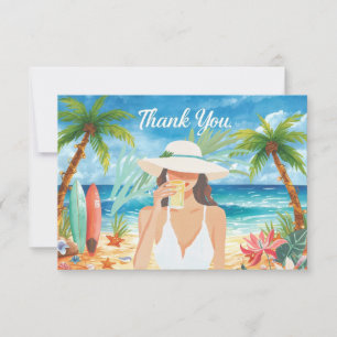 Woman is drinking water at the beach thank you card