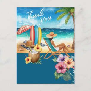 Woman is sitting down by the beach postcard