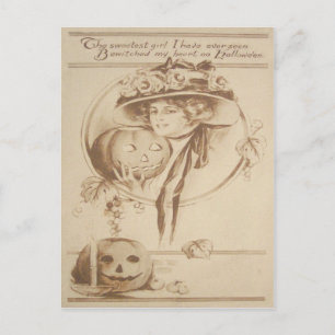 Woman Jack O' Lantern Leaf Candle Postcard