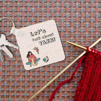Woman knitting cat let's talk about yarn quote key ring