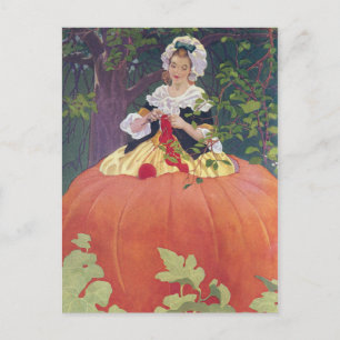 Woman Knitting in Pumpkin Postcard