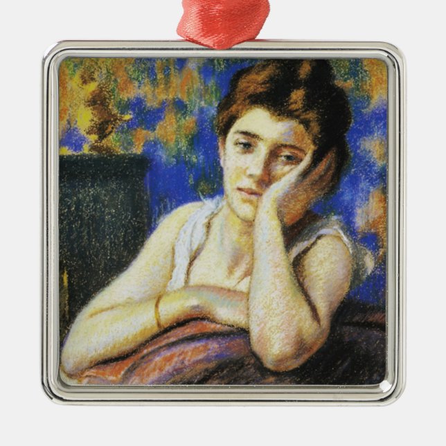 Woman Leaning on a Chair Metal Ornament (Front)