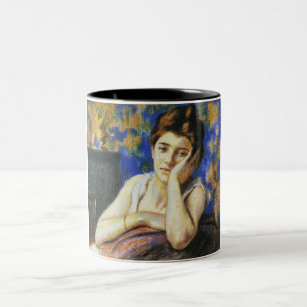 Woman Leaning on a Chair Two-Tone Coffee Mug