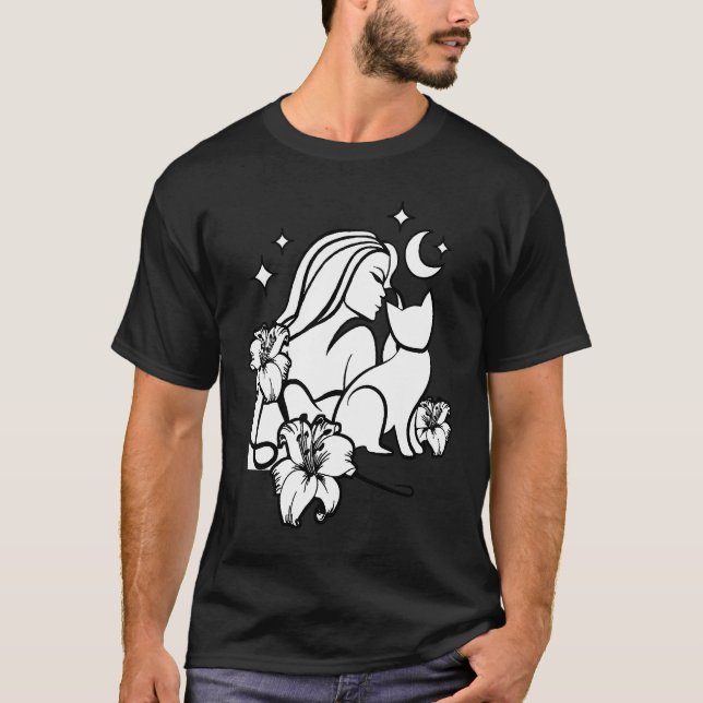 Woman Lilies Flowers Cat Fantasy Moon Glamour Goth T-Shirt (Front)