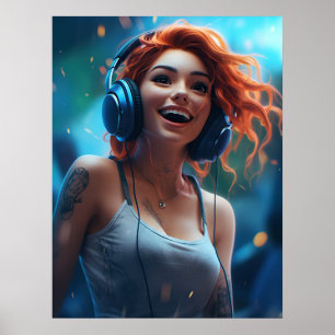 Woman listening to music with headphones poster