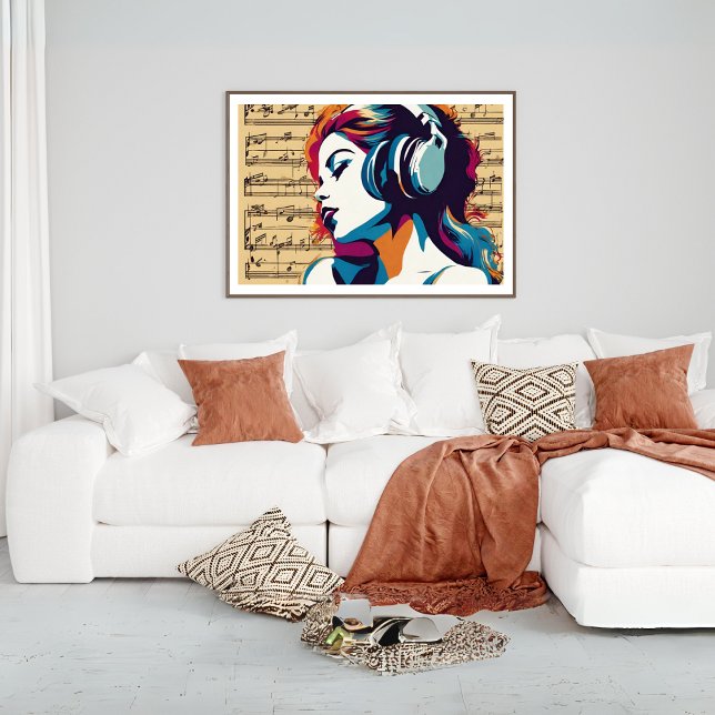 Woman Listens To Music In Headphones Poster (Woman Listens To Music In Headphones Poster)