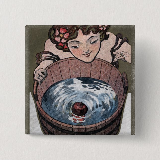Woman Looking in Wood Barrel 15 Cm Square Badge (Front)
