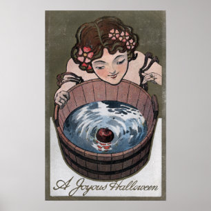 Woman Looking in Wood Barrel Poster