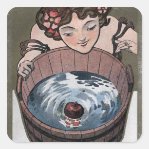 Woman Looking in Wood Barrel Square Sticker