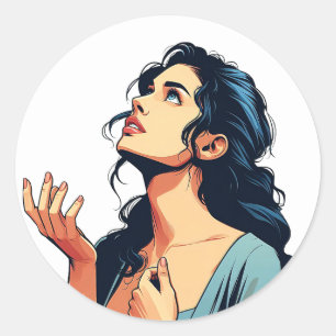 Woman Looking up praying to God illustration art Classic Round Sticker