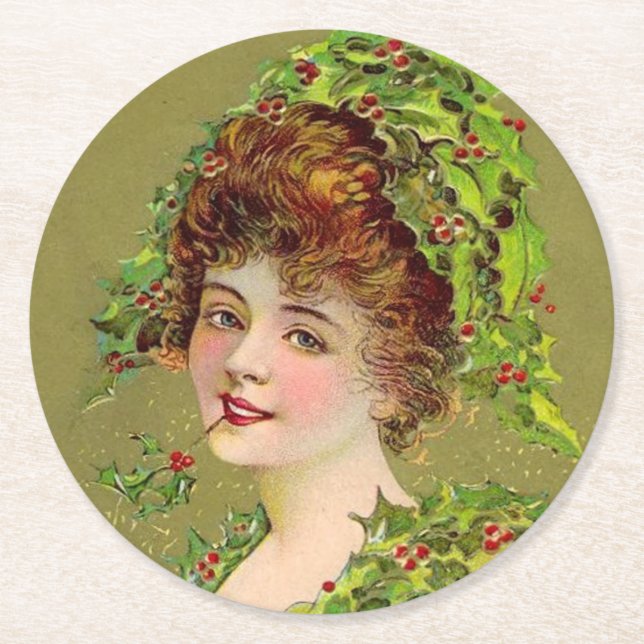 Woman Loves Christmas Holly Round Paper Coaster (Front)