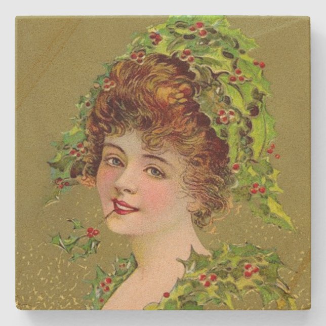 Woman Loves Christmas Holly Stone Coaster (Front)