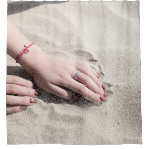 Woman lying on white sand shower curtain