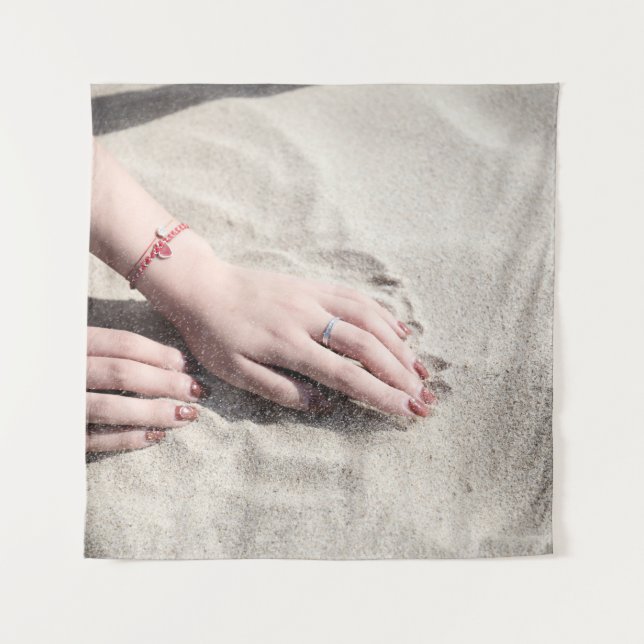 Woman lying on white sand tapestry (Front)