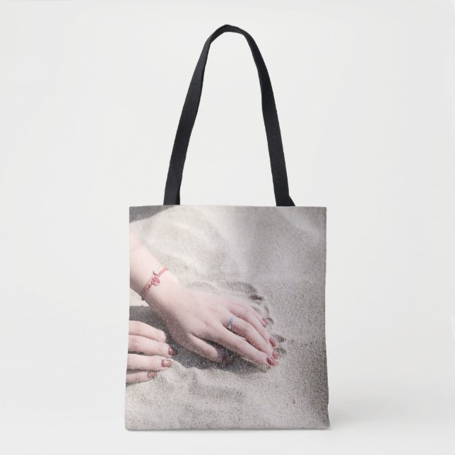 Woman lying on white sand tote bag (Front)