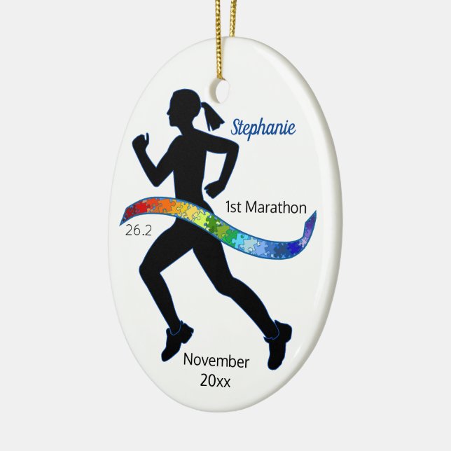 Woman Marathon Autism Puzzle Rainbow Ribbon Ceramic Ornament (Left)
