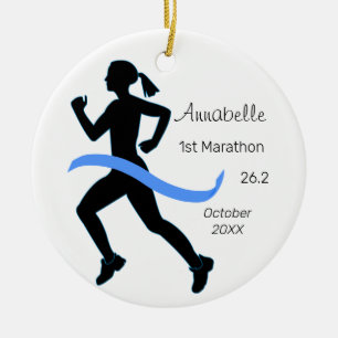 Woman Marathon Runner Blue Ornament