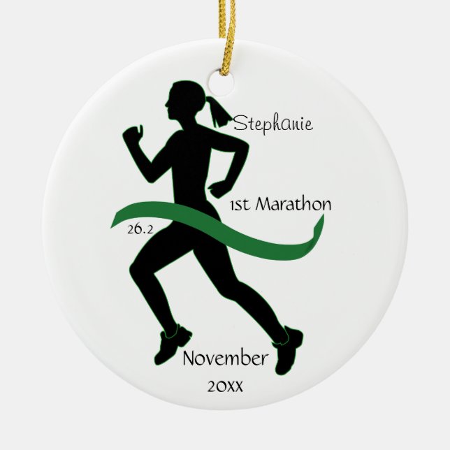 Woman Marathon Runner Ornament in Green (Front)