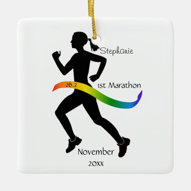 Woman Marathon Runner Ornament in Rainbow (Front)