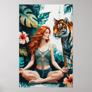 Woman Meditating with Bengal Tiger Poster