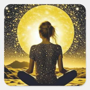 Woman Meditation Under the Moon Celestial Square Sticker