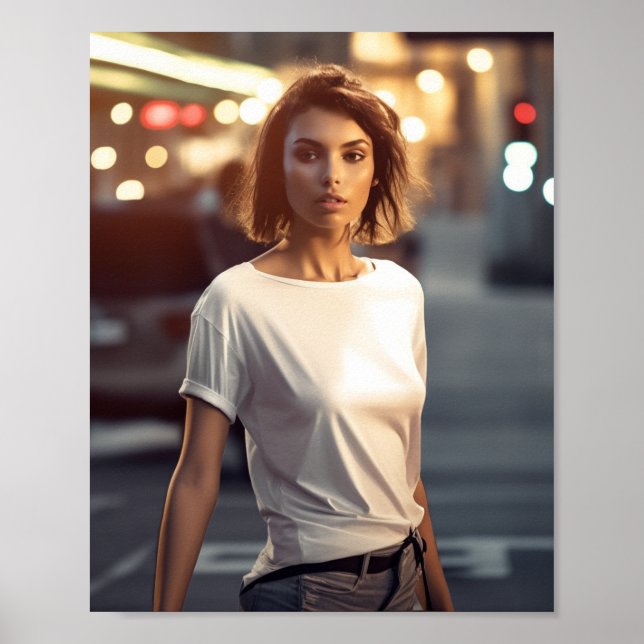 Woman model wearing a blank white t-shirt poster (Front)