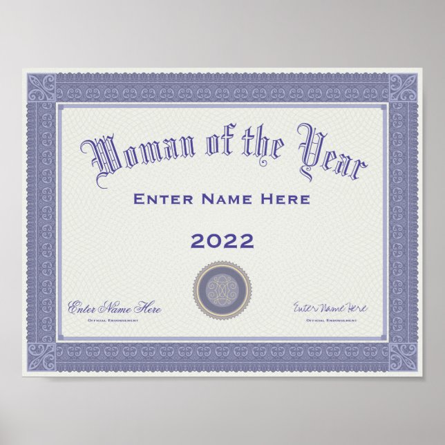 Woman of the Year Personalise  Poster (Front)
