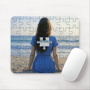 Woman On a Beach With a Puzzle Piece Missing Mouse Pad