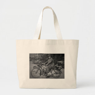 Woman on a Motorcycle Early 1900s Vintage Large Tote Bag