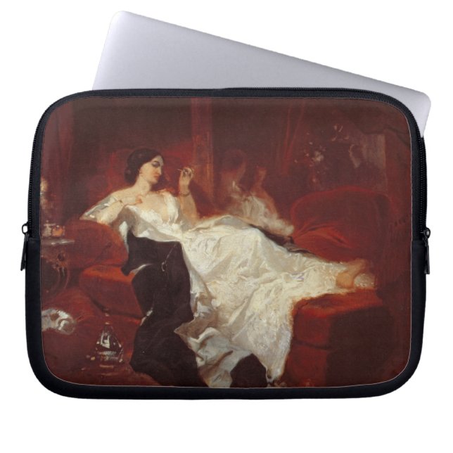 Woman on a red sofa laptop sleeve (Front)